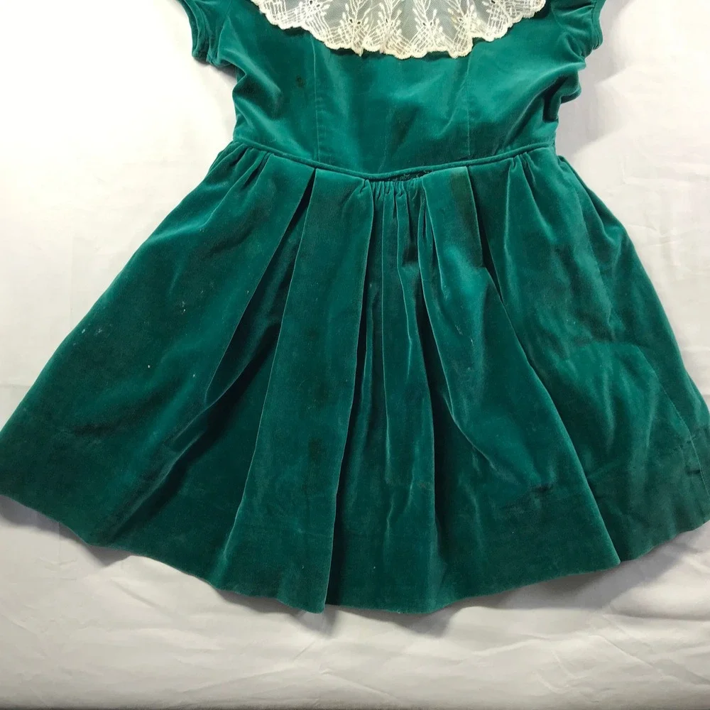 Vintage Celeste New York Girls Emerald Green Velvet Lace Collar Dress Holiday